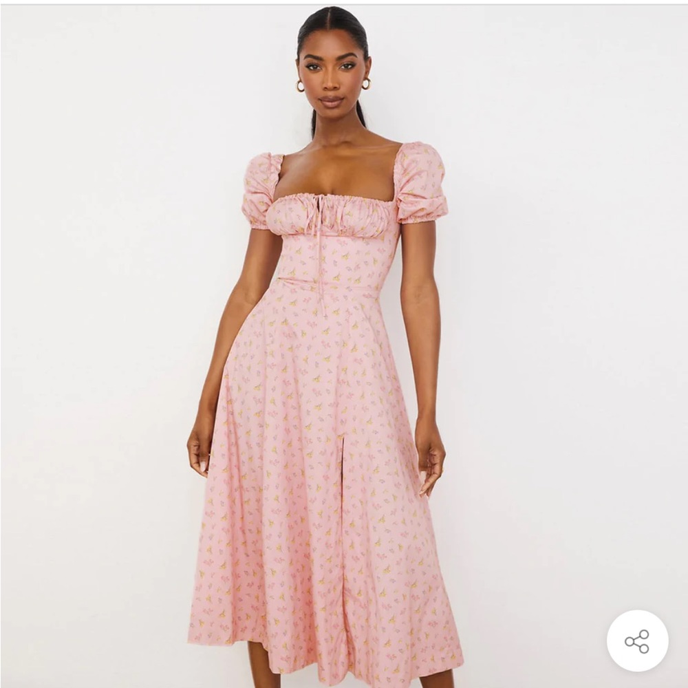 Pink daisy printed puff sleeve high slit maxi dress